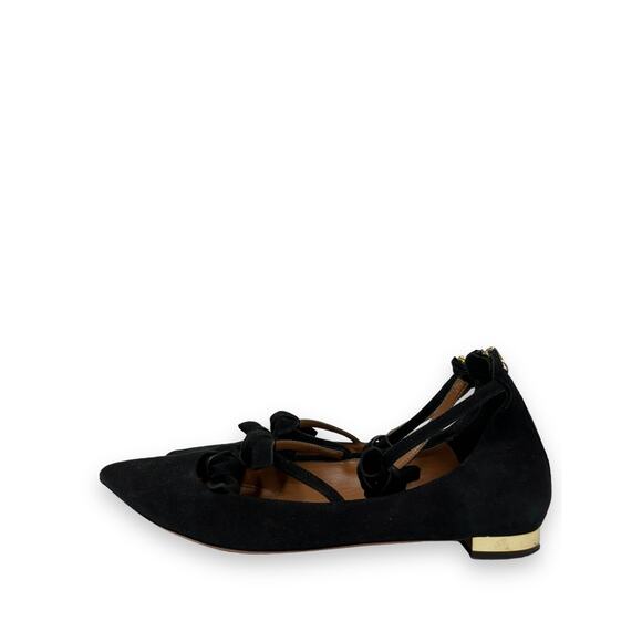 AQUAZZURA Black Suede Strappy St Tropez Bow Point Toe Flats Size 38 US 8 - Picture 6 of 8